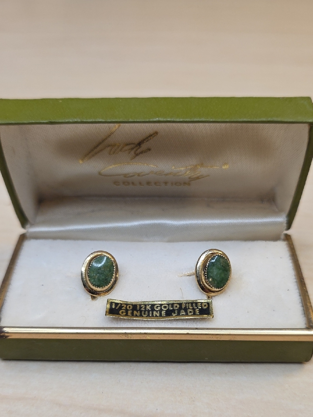 Sarah Coventry Green Jade 12 Kt Gold Filled Screw Back Earrings Original Box